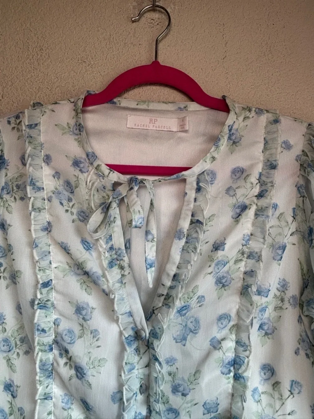 Rachel Parcell White Blue Floral Ruffle Sheer Long Sleeve Mini Dress M
